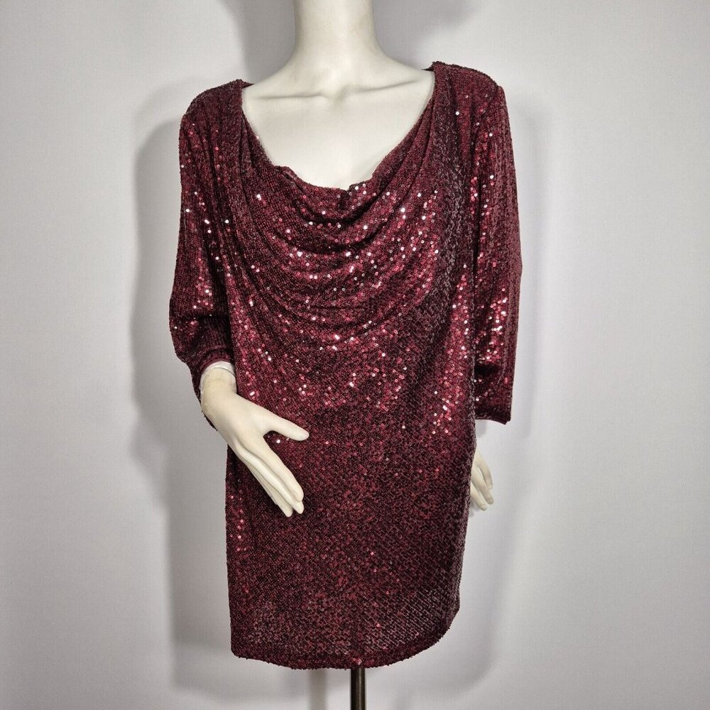Alex Evenings Women's Size 2X Red Sequined Cowl Neck Blouse Tunic Top Plus (46) - Picture 2 of 14